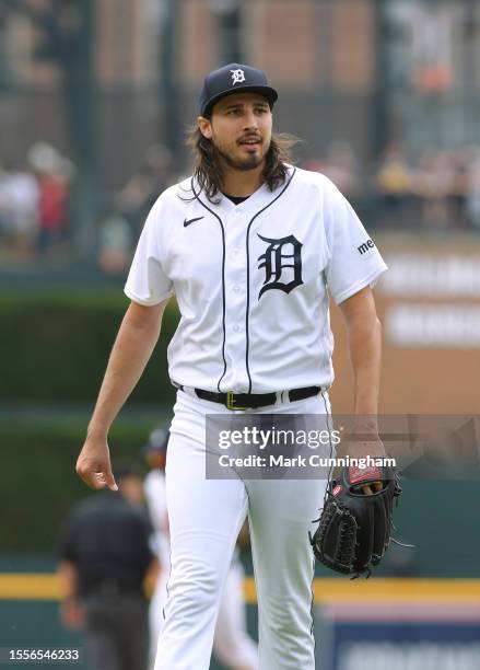 Alex Faedo of the Detroit Tigers looks on during the game against the San Diego Padres at Comerica Park on July 23, 2023 in Detroit, Michigan. The...