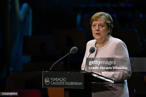 The President of the Gulbenkian Prize for Humanity jury, Former German Chancellor Angela Merkel, delivers remarks at Calouste Gulbenkian Foundation...