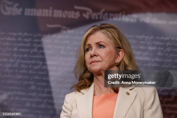 Sen. Marsha Blackburn listens at a news conference on the Supreme Court at the U.S. Capitol Building on July 19, 2023 in Washington, DC. Senators...