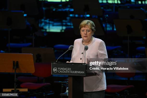 The President of the Gulbenkian Prize for Humanity jury, Former German Chancellor Angela Merkel, delivers remarks at Calouste Gulbenkian Foundation...