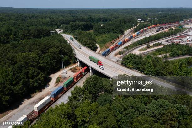 Train loaded with shipping containers at a Norfolk Southern rail terminal in Austell, Georgia, US, on Tuesday, July 25, 2023. Norfolk Southern Corp....