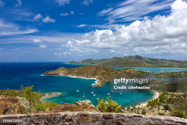 view or english harbour, antigua, from shirley heights - barbuda stock pictures, royalty-free photos & images