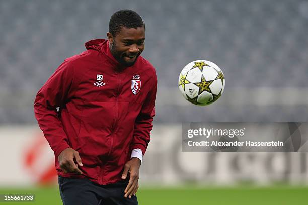 Aurelien Chedjou during a OSC Lille training session ahead of their UEFA Champions League group F match against FC Bayern Muenchen at the Allianz...