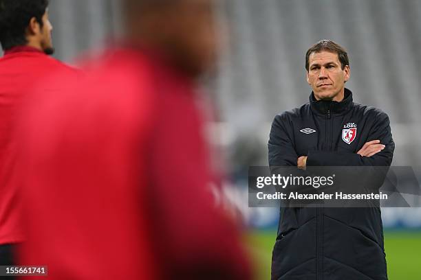 Rudi Garcia, head coach of Lille looks on during a OSC Lille training session ahead of their UEFA Champions League group F match against FC Bayern...