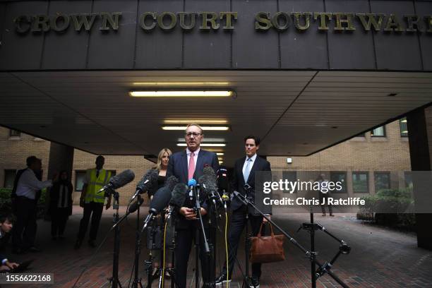 Kevin Spacey speaks to press after leaving court at Southwark Crown Court on July 26, 2023 in London, England. The U.S. Actor who starred in the...