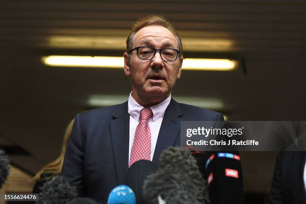 Kevin Spacey speaks to press after leaving court at Southwark Crown Court on July 26, 2023 in London, England. The U.S. Actor who starred in the...