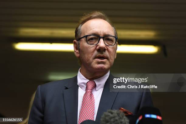 Kevin Spacey speaks to press after leaving court at Southwark Crown Court on July 26, 2023 in London, England. The U.S. Actor who starred in the...