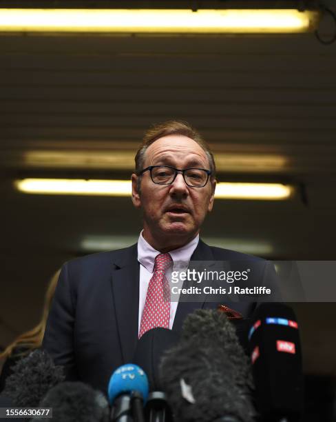 Kevin Spacey speaks to press after leaving court at Southwark Crown Court on July 26, 2023 in London, England. The U.S. Actor who starred in the...