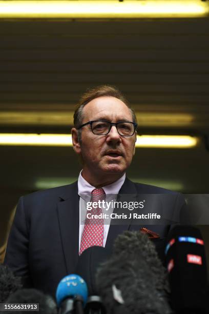 Kevin Spacey speaks to press after leaving court at Southwark Crown Court on July 26, 2023 in London, England. The U.S. Actor who starred in the...