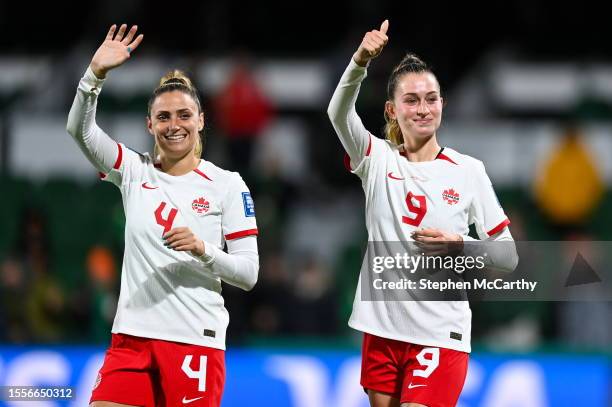 Western Australia , Australia - 26 July 2023; Shelina Zadorsky, left, and Jordyn Huitema of Canada celebrate their side's victory in the FIFA Women's...