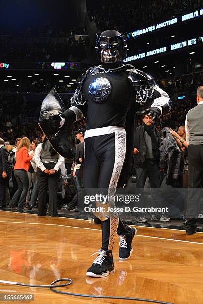 The Brooklyn Nets mascot Brookly Knight is introduced against of the Toronto Raptors during the first ever regular home season game at the Barclays...