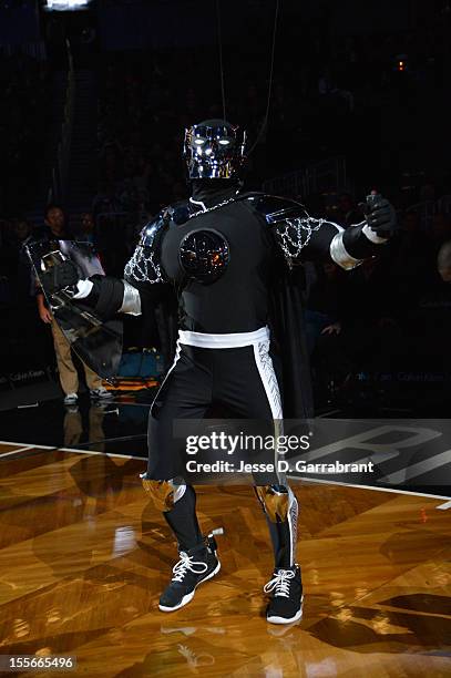 The Brooklyn Nets mascot Brookly Knight is introduced against of the Toronto Raptors during the first ever regular home season game at the Barclays...