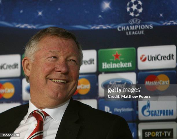 Manager Sir Alex Ferguson of Manchester United speaks at a press conference, ahead of their UEFA Champions League Group H match against Braga, at...