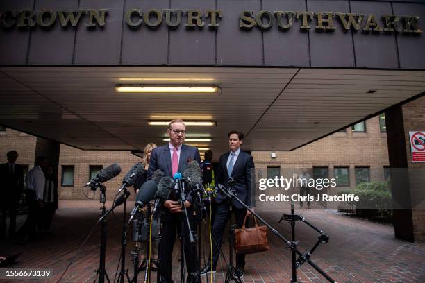 Kevin Spacey speaks to press after leaving court at Southwark Crown Court on July 26, 2023 in London, England. The U.S. Actor who starred in the...