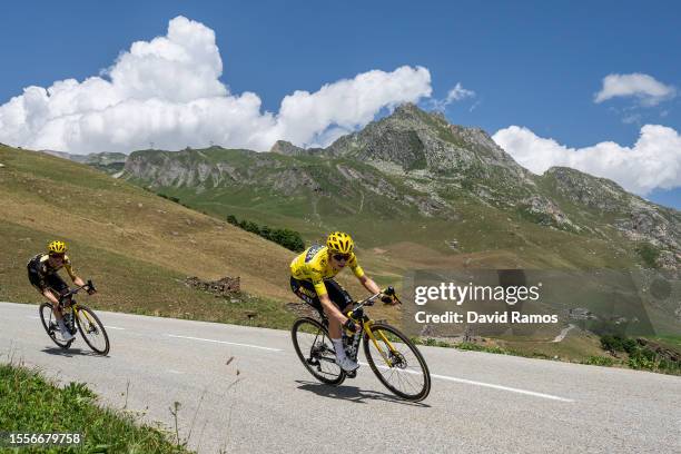Jonas Vingegaard of Denmark and Team Jumbo-Visma - Yellow Leader Jersey competes climbing down the Cormet de Roselend during the stage seventeen of...