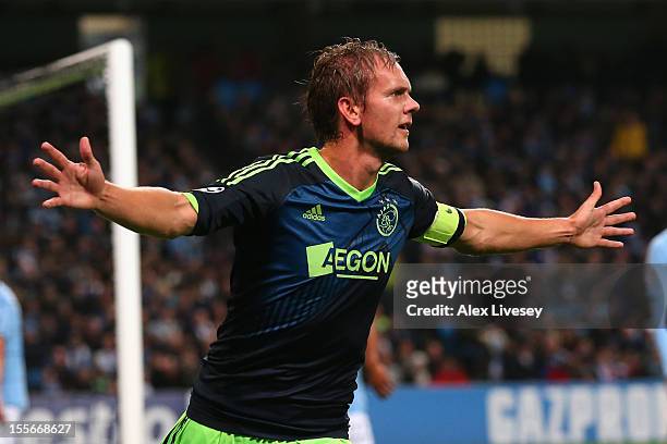Siem de Jong of Ajax celebrates scoring his team's second goal during the UEFA Champions League Group D match between Manchester City FC and Ajax...