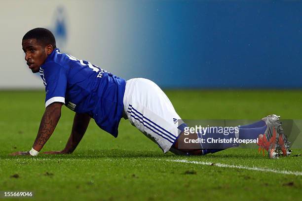 Jefferson Farfan of Schalke knees during the UEFA Champions League group B match between FC Schalke 04 and Arsenal FC at Veltins Arena on November 6,...