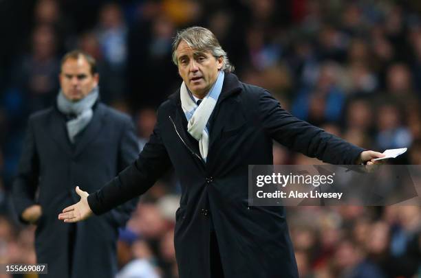 Manchester City Manager Roberto Mancini reacts during the UEFA Champions League Group D match between Manchester City FC and Ajax Amsterdam at the...