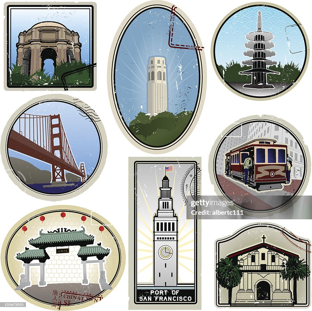 Ultra stylized San Francisco retro suitcase style travel stickers