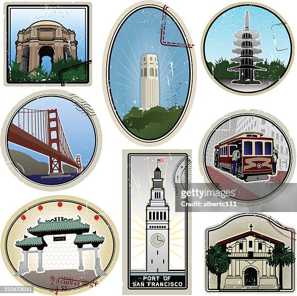 ultra stylized san francisco retro suitcase style travel stickers - mission san francisco stock illustrations