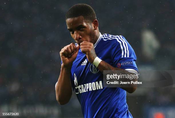 Jefferson Farfan of Schalke celebrates after scoring his team's second goal during the UEFA Champions League group B match between FC Schalke 04 and...
