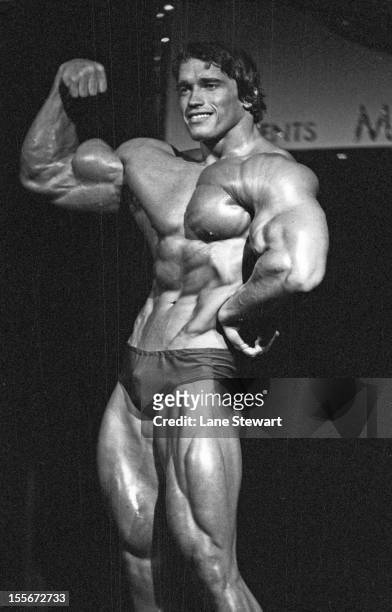 Mr. Olympia: Arnold Schwarzenegger in action during competition at Felt Forum in Madison Square Garden. New York, NY CREDIT: Lane Stewart