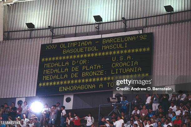 Close up of the scoreboard following the Gold Medal Basketball game between the United States and Croatia at the 1992 Olympics on August 8 1992 at...