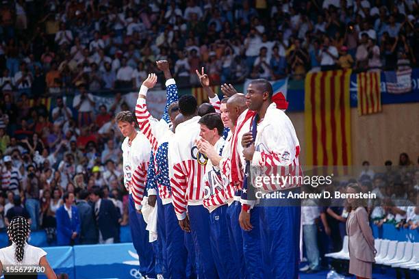 The United States stands on the podium following the Gold Medal Basketball game between the United States and Croatia at the 1992 Olympics on August...