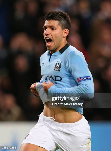 Sergio Aguero of Manchester City celebrates scoring his team's second goal during the UEFA Champions League Group D match between Manchester City FC...