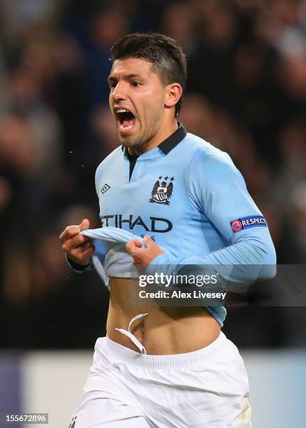 Sergio Aguero of Manchester City celebrates scoring his team's second goal during the UEFA Champions League Group D match between Manchester City FC...