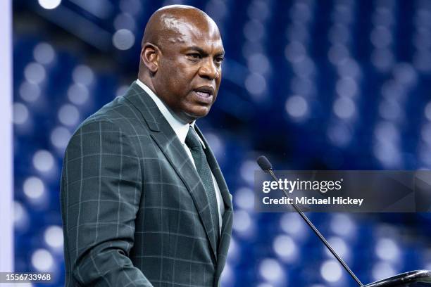 Head coach Mel Tucker of the Michigan State Spartans speaks at Big Ten football media days at Lucas Oil Stadium on July 26, 2023 in Indianapolis,...
