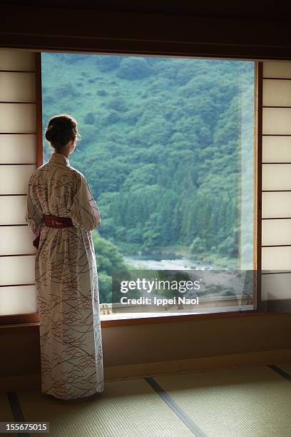 watching forest river from japanese room - koyo stock pictures, royalty-free photos & images