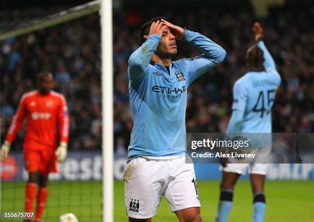 Sergio Aguero of Manchester City reacts after having a goal disallowed during the UEFA Champions League Group D match between Manchester City FC and...