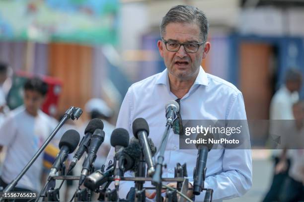 Oliver Owcza, Head of the German Representative Office in Gaza City, speaks during a press conference at an UNRWA school, on July 26, 2023.