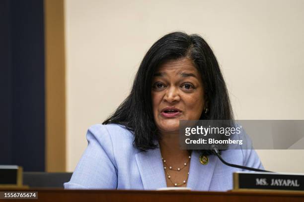 Representative Pramila Jayapal, a Democrat from Washington, speaks during a House Judiciary Committee hearing in Washington, DC, US, on Wednesday,...