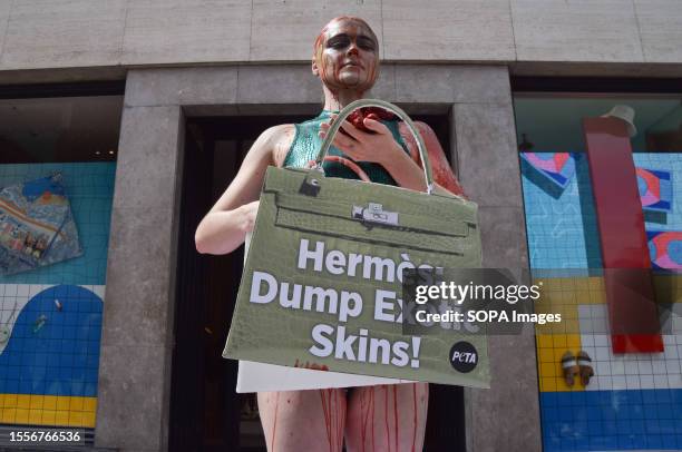 Vegan activist Tash Peterson, covered in fake blood, holds a mock Hermes bag and fake guts during the protest. PETA staged a protest outside the...