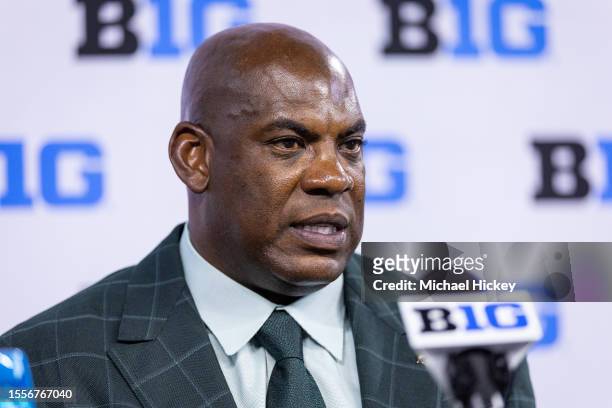 Head coach Mel Tucker of the Michigan State Spartans speaks at Big Ten football media days at Lucas Oil Stadium on July 26, 2023 in Indianapolis,...