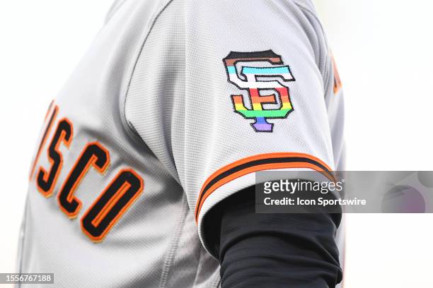 The Giants logo on a jersey on Pride Night during the MLB game between the San Francisco Giants and the Los Angeles Dodgers on June 16, 2023 at...