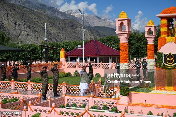 Union Defence Minister Rajnath Singh paying tribute at the Kargil war memorial during Vijay Diwas or victory day celebrations on July 26, 2023 in...