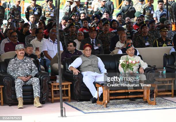 Union Defence Minister Rajnath Singh and Brig. B.D. Mishra , Lieutenant Governor, Ladakh at the Kargil war memorial during Vijay Diwas or victory day...