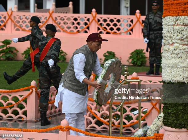 Union Defence Minister Rajnath Singh paying tribute at the Kargil war memorial during Vijay Diwas or victory day celebrations on July 26, 2023 in...