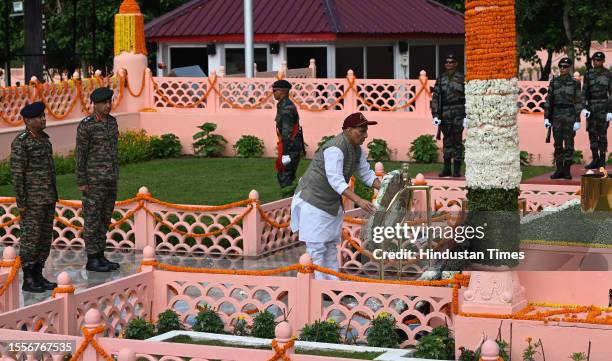 Union Defence Minister Rajnath Singh paying tribute at the Kargil war memorial during Vijay Diwas or victory day celebrations on July 26, 2023 in...