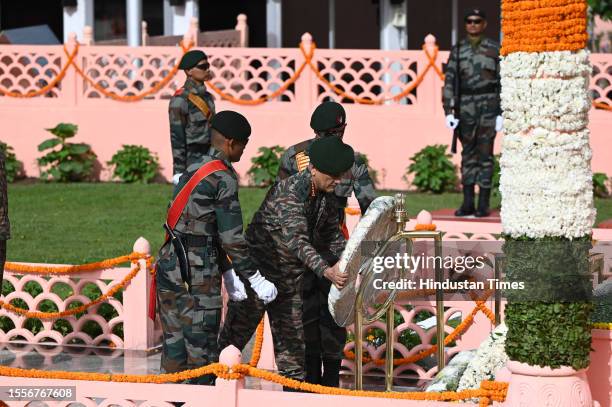 General Anil Chauhan, Chief of Defence Staff paying tribute at the Kargil war memorial during Vijay Diwas or victory day celebrations on July 26,...