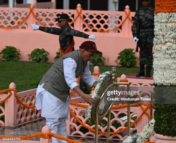 Union Defence Minister Rajnath Singh paying tribute at the Kargil war memorial during Vijay Diwas or victory day celebrations on July 26, 2023 in...