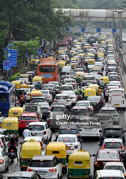 Traffic jam at ITO due to the rain, on July 26, 2023 in New Delhi, India. The residents of Delhi-NCR witnessed heavy rainfall. Commuters faced...
