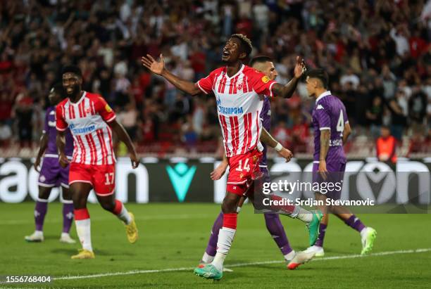 Peter Olayinka Oladeji of Crvena Zvezda celebrates after scoring his second goal during the friendly match between Crvena Zvezda and AFC Fiorentina...