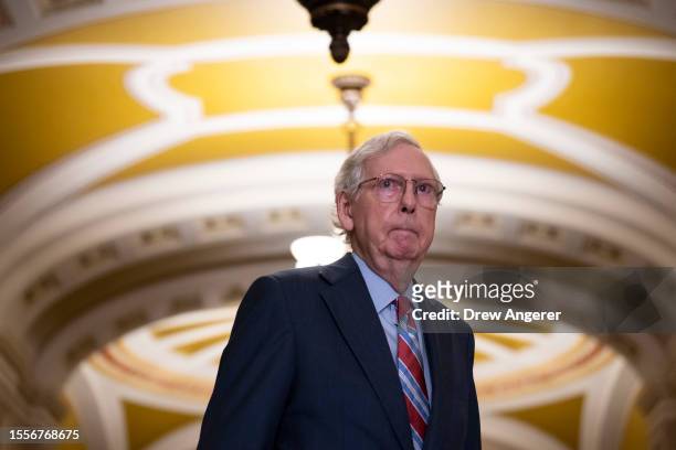 Senate Minority Leader Mitch McConnell arrives to a news conference after a lunch meeting with Senate Republicans U.S. Capitol 26, 2023 in...