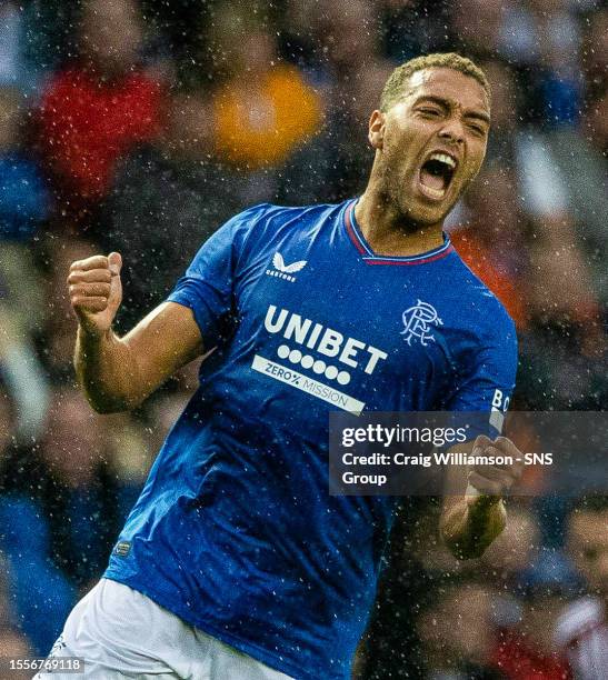 Rangers' Cyriel Dessers looks frustrated during a pre-season friendly between Rangers and Olympiacos at Ibrox Stadium, on July 26 in Glasgow,...