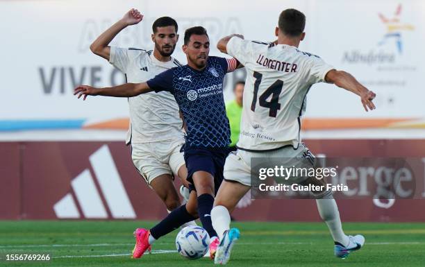 Ricardo Horta of SC Braga with Houssem Aouar of AS Roma and Diego Llorente of AS Roma in action during the Pre-Season Friendly match between AS Roma...