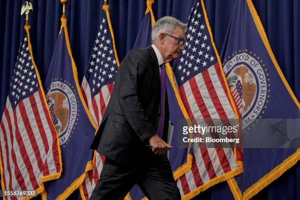 Jerome Powell, chairman of the US Federal Reserve, exits after a news conference following a Federal Open Market Committee meeting in Washington, DC,...